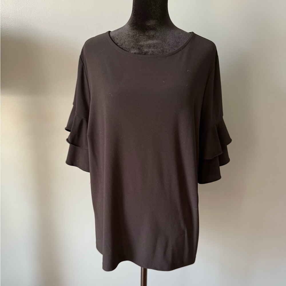 INC International Concepts Black Ruffled Short Sleeve Blouse